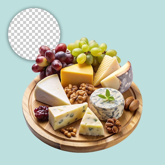 PSD slice of various chees with grapes bread slice walnut and garlic on desk on transparent background