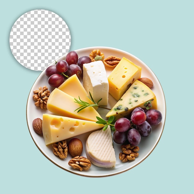 PSD slice of various chees with grapes bread slice walnut and garlic on desk on transparent background