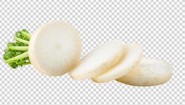 Sliced fresh radish with green leaves isolated on transparent background