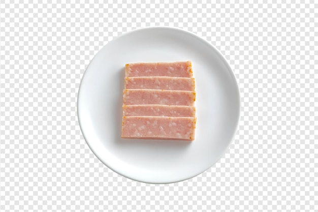 PSD sliced luncheon meat on a white plate isolated on a transparent background