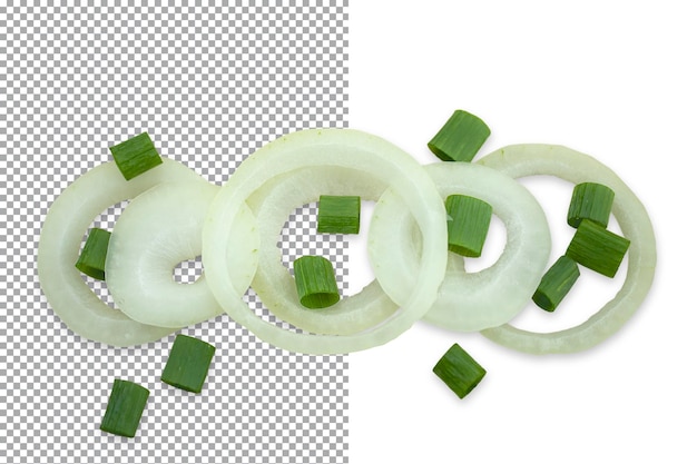 Sliced onion rings and scattered chaotically chopped green onion isolated on transparent background