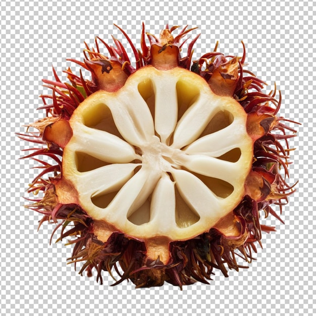 PSD sliced rambutan revealing the white juicy flesh isolated