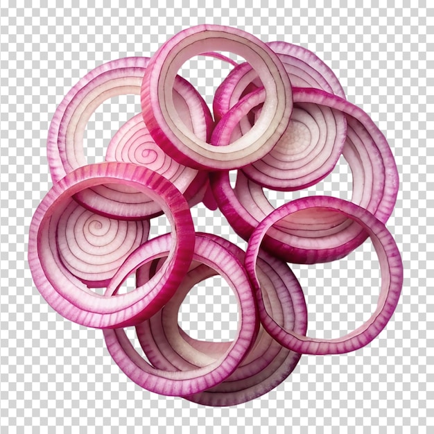 PSD sliced red onion rings top view isolated on transparent background