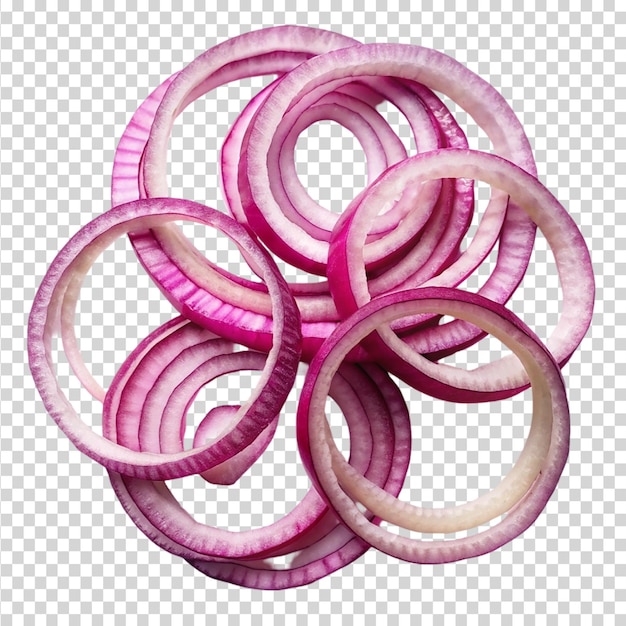 Sliced red onion rings top view Isolated on transparent background