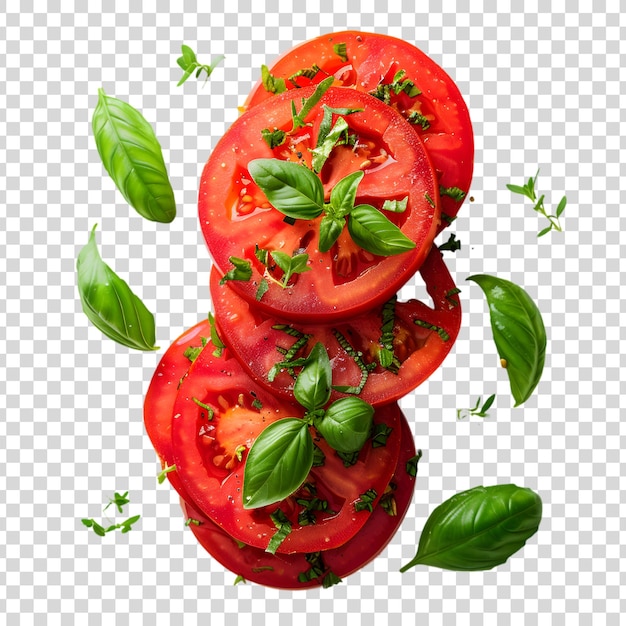 PSD sliced tomatoes with basil leaves isolated on a transparent background