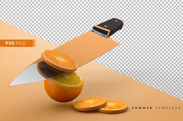 PSD sliced ​​and whole oranges cut with a knife rendering