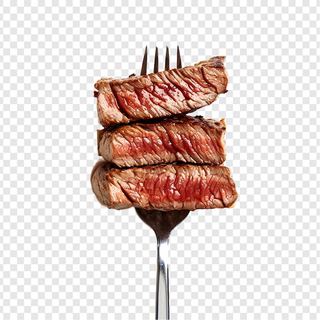 Slices of beef steak on a fork isolated on transparent background