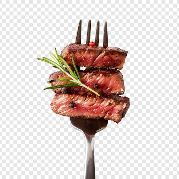 Slices of beef steak on a fork isolated on transparent background