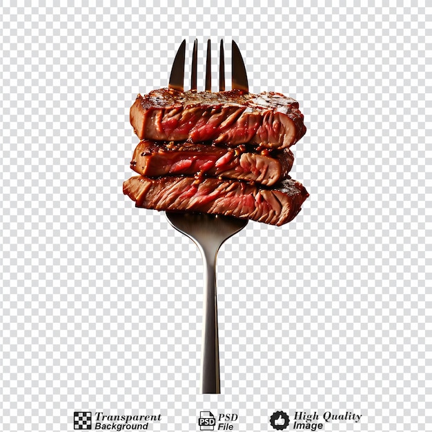 slices of beef steak on a fork isolated on transparent background