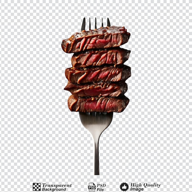 slices of beef steak on a fork isolated on transparent background