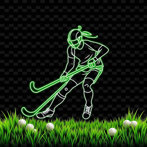 Slim Field Hockey Player With Stick Neon Grass Art Design With Fresh Green and White Mixed Color Dec