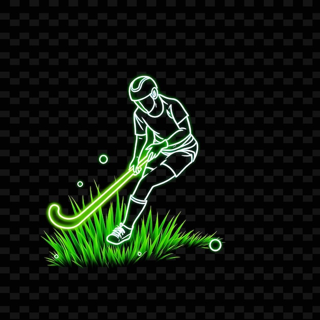 PSD slim field hockey player with stick neon grass art design with fresh green and white mixed color dec