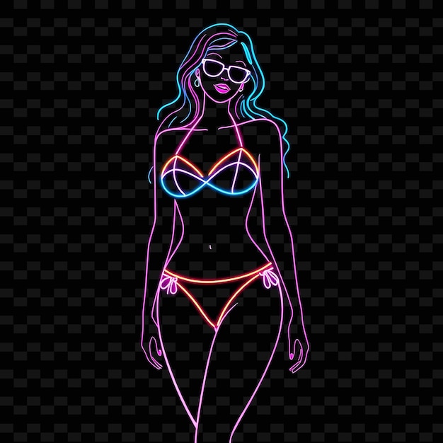 Slim Woman in Highwaisted Bikini Neon Memphis Art Design With Pas Illustration Neon Charactert