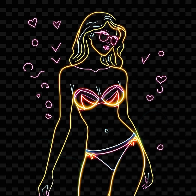 PSD slim woman in highwaisted bikini neon memphis art design with pas illustration neon charactert