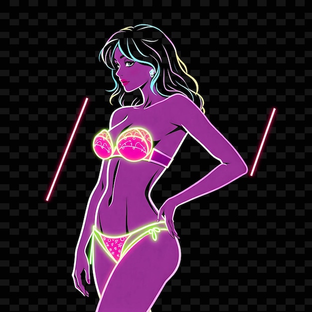 PSD slim woman in highwaisted bikini neon y2k art design with pastel illustration neon characterc