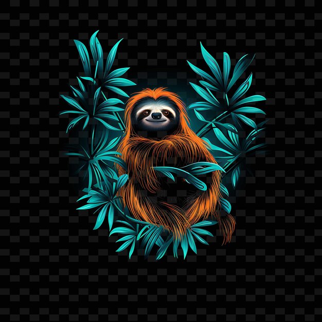 Sloth Tropical Retreat Curved Neon Lines Hanging Vines Slugg PNG Y2K Shapes Transparent Light Arts