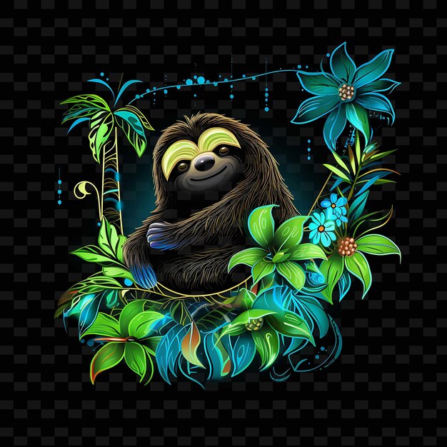 Sloth Tropical Retreat Curved Neon Lines Hanging Vines Slugg PNG Y2K Shapes Transparent Light Arts