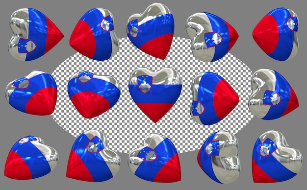 PSD slovenia 3d heart flag isolated different positions 3d rendering