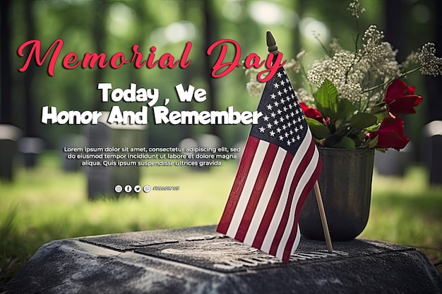 Small American flag and tombstone at National cemetery Memorial Day display with copy