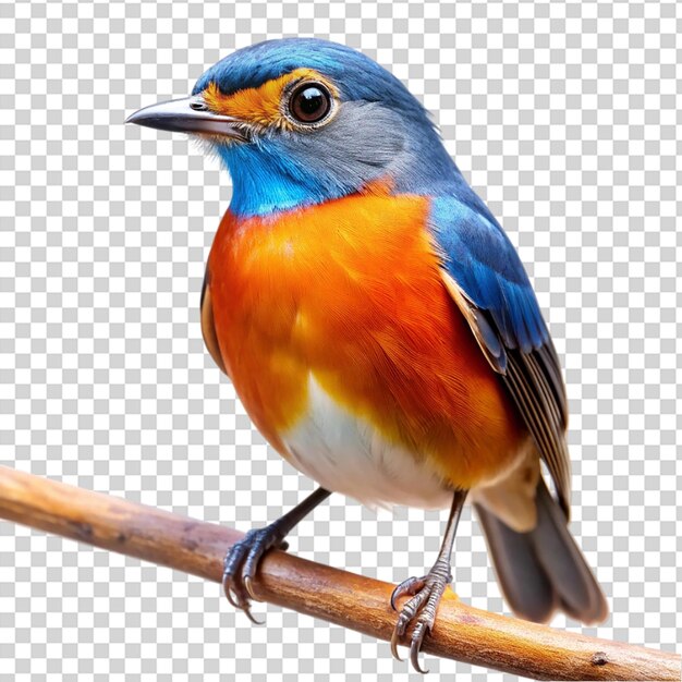 PSD a small bird with blue and orange feathers perched on a branch on transparent background