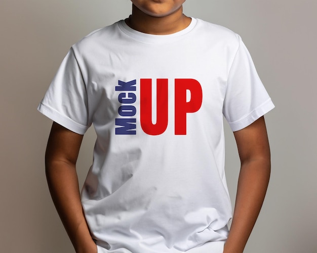 Small boy wearing a white tshirt tshirt mockup