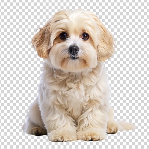 A small brown and white dog looking at the camera on transparent background