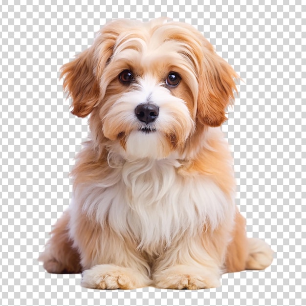 A small brown and white dog looking at the camera on transparent background