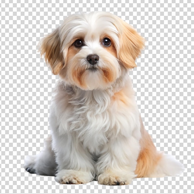 A small brown and white dog looking at the camera on transparent background