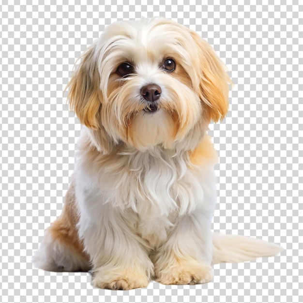 A small brown and white dog looking at the camera on transparent background