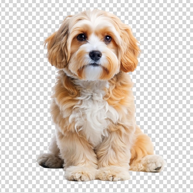 A small brown and white dog looking at the camera on transparent background