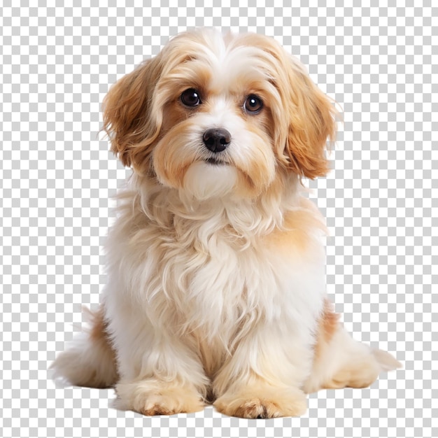 A small brown and white dog looking at the camera on transparent background