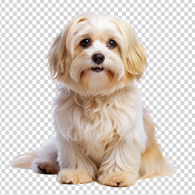 A small brown and white dog looking at the camera on transparent background