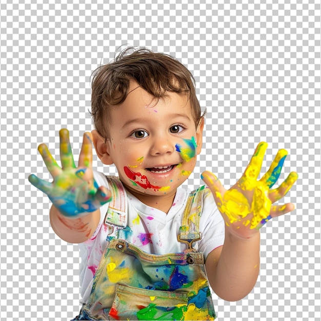 A small child artist showing paint on his hands after painting on white background