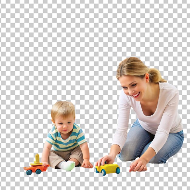 PSD small childs and mom dad plays car toy lying transparent background