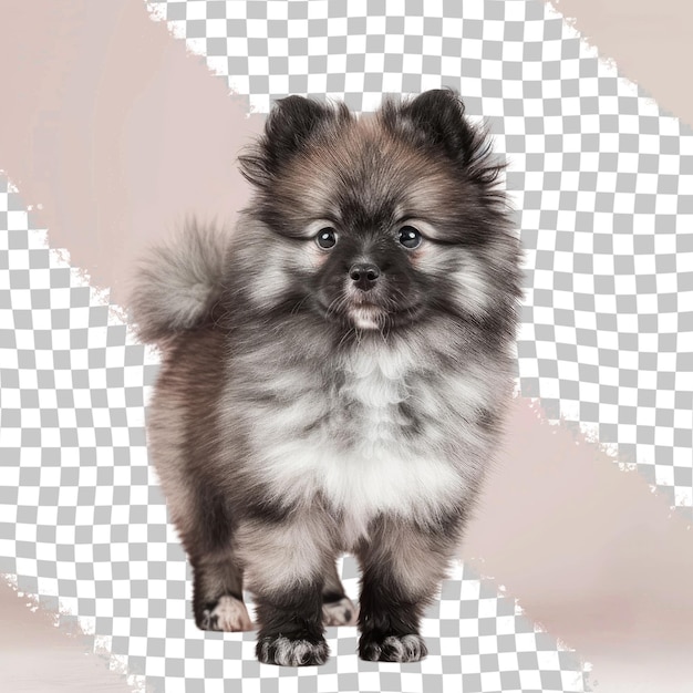 a small dog with a fluffy face stands on a white background