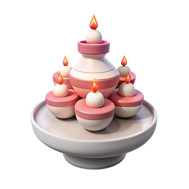 PSD a small fountain with a small statue of a pink and white cake with candles on top