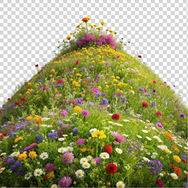 PSD small hill covered with wild flowers isolated on transparent background