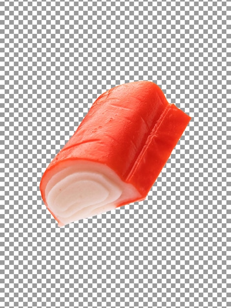 Small piece of red crab stick on transparent background