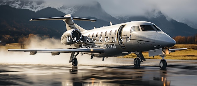 Small private jet on a background of snowcapped mountains