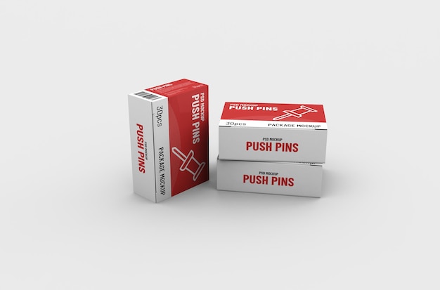 Small push pins box packaging mockup for brand advertising on a clean background