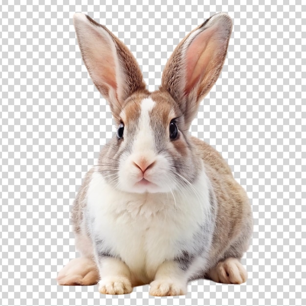 A small rabbit with big ears looking at the camera on transparent background