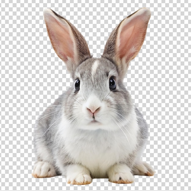 A small rabbit with big ears looking at the camera on transparent background