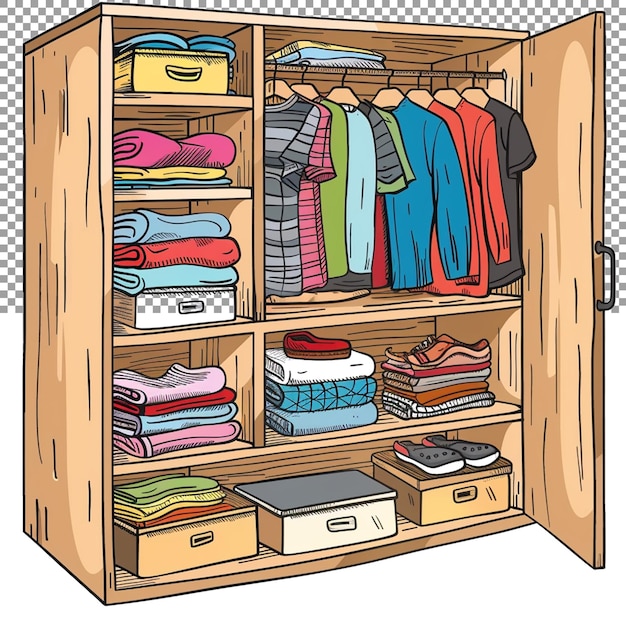 A small room or space for storing clothes shoes and other items on a transparent background