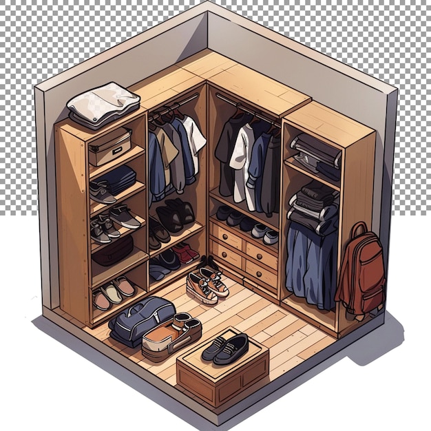 A small room or space for storing clothes shoes and other items on a transparent background