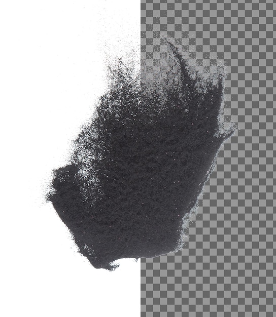 Small size black Sand flying explosion carbon dust sands grain explode Abstract cloud fly Black colored sand splash throwing in Air White background Isolated high speed shutter throwing freeze