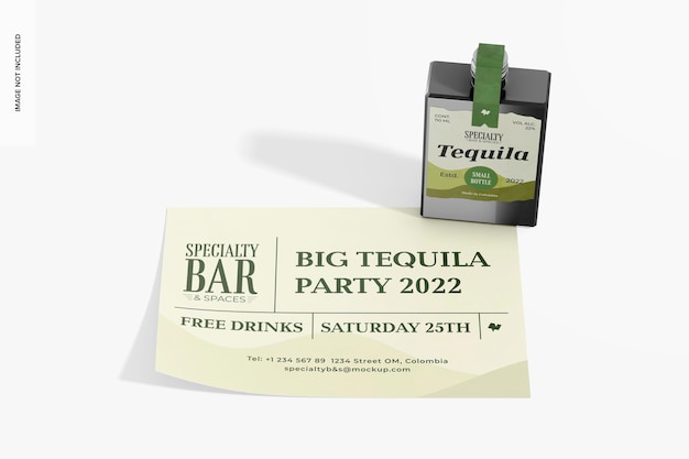 Small Tequila Bottle with Stationery Mockup High Angle View