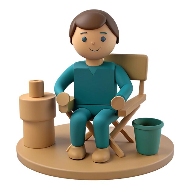 PSD a small toy man sits in a chair with a pot and a pot on it