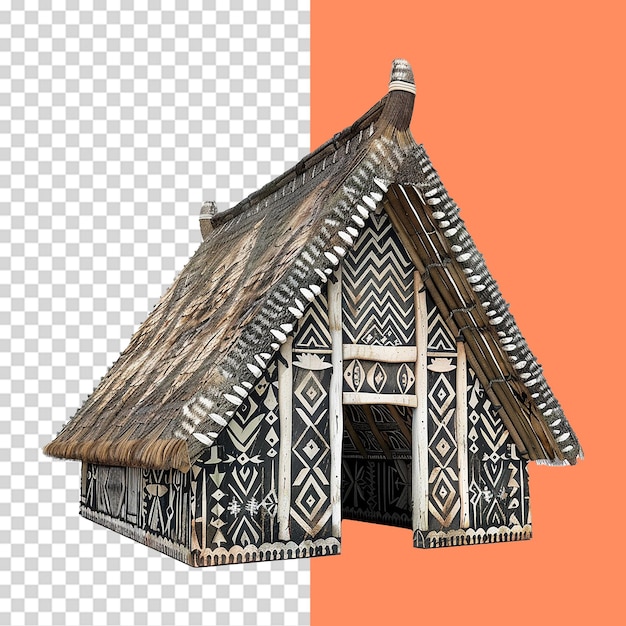 a small wooden house with a black roof and a white and black design