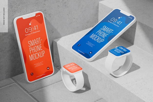 Smart Devices with Concrete Background Mockup, on Stairs