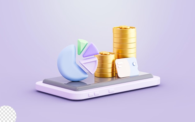 PSD smart phone with pie chart dollar coin credit card sign 3d render concept for financial growth